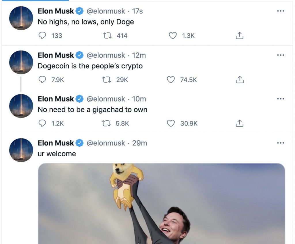 Tweets from Elon Musk promoting Dogecoin which often times sends its price surging dramatically.