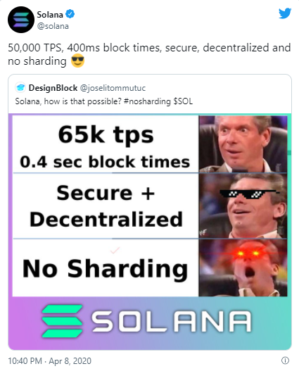 Solana's twitter admin jokes about how fast the network is compared to other blockchains.