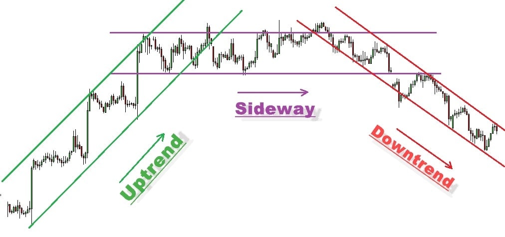 An asset will always follow the 3 types of trend: downtrend, sideways, and uptrend.