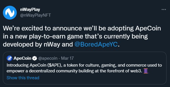 nWayPlayNFT bekerja sama dengan BAYC untuk menggunakan ApeCoin dalam salah satu gamenya.