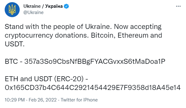 Ukraine raises donations in the form of crypto