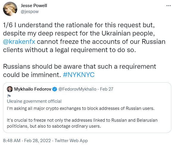 Pressure on crypto exchanges to block Russian user accounts