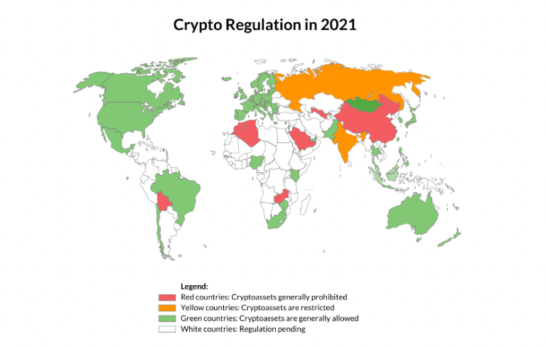 Map regarding crypto regulations in various countries