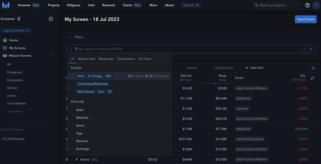 Messari as crypto screener