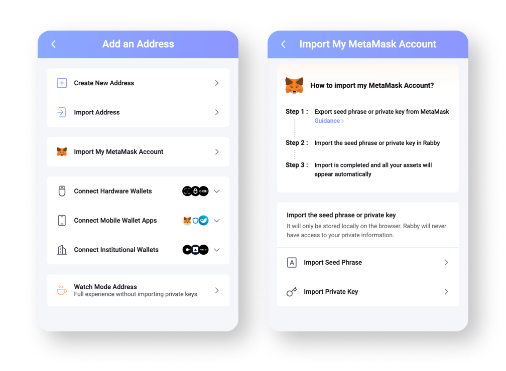 Rabby's MetaMask account import feature